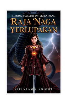 A fantasy book cover for 'Raja Naga yang Terlupakan' featuring an incredible scene with Alana, a powerful girl wearing a shimmering ancient gown adorned with a glowing dragon pendant around her neck