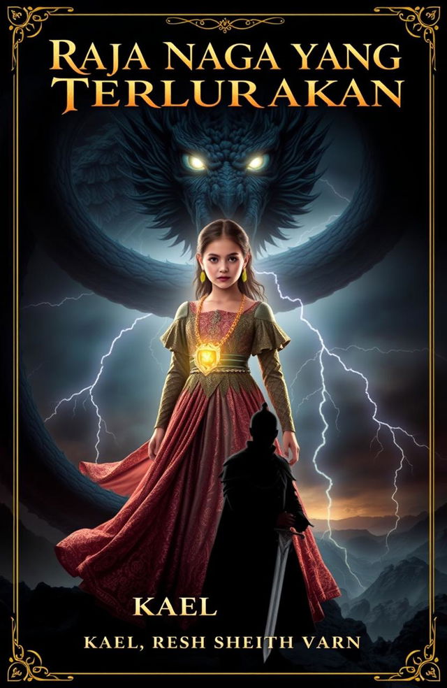 A fantasy book cover for 'Raja Naga yang Terlupakan' featuring an incredible scene with Alana, a powerful girl wearing a shimmering ancient gown adorned with a glowing dragon pendant around her neck