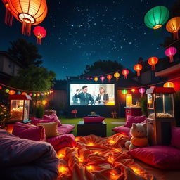 A vibrant and lively movie night scene illuminated by neon colors, featuring a cozy backyard setup with a large screen displaying a classic film