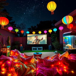 A vibrant and lively movie night scene illuminated by neon colors, featuring a cozy backyard setup with a large screen displaying a classic film