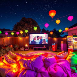 A vibrant and lively movie night scene illuminated by neon colors, featuring a cozy backyard setup with a large screen displaying a classic film