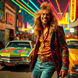 A dynamic and vibrant concept for a music video featuring Gordon Alport, a character similar to a stylish and expressive 1970s rock musician, wearing vibrant clothing with bold patterns, showcasing long, flowing hair and a charismatic smile