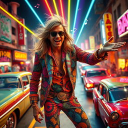 A dynamic and vibrant concept for a music video featuring Gordon Alport, a character similar to a stylish and expressive 1970s rock musician, wearing vibrant clothing with bold patterns, showcasing long, flowing hair and a charismatic smile