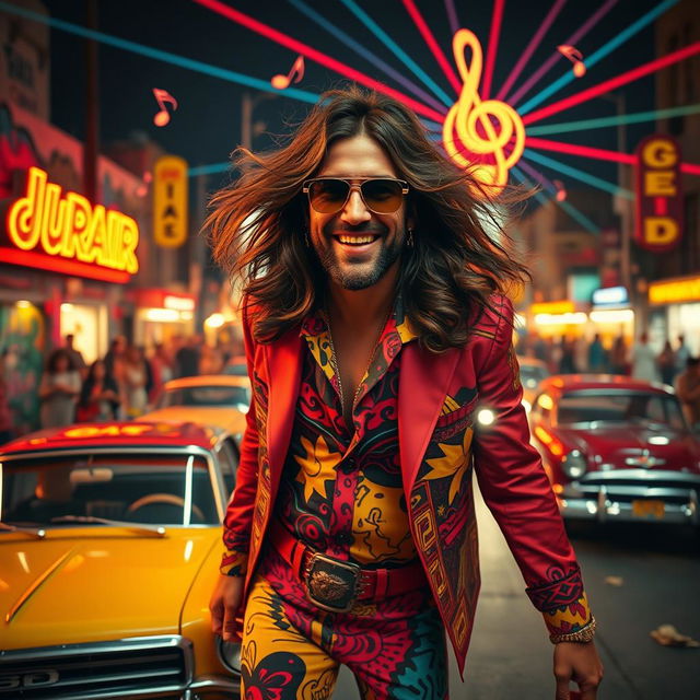 A dynamic and vibrant concept for a music video featuring Gordon Alport, a character similar to a stylish and expressive 1970s rock musician, wearing vibrant clothing with bold patterns, showcasing long, flowing hair and a charismatic smile