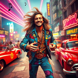 A dynamic and vibrant concept for a music video featuring Gordon Alport, a character similar to a stylish and expressive 1970s rock musician, wearing vibrant clothing with bold patterns, showcasing long, flowing hair and a charismatic smile