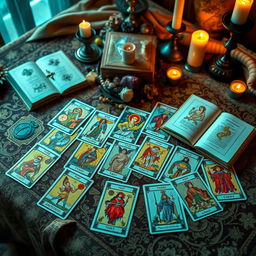 A beautifully arranged spread of tarot cards laid out on an elaborately decorated table