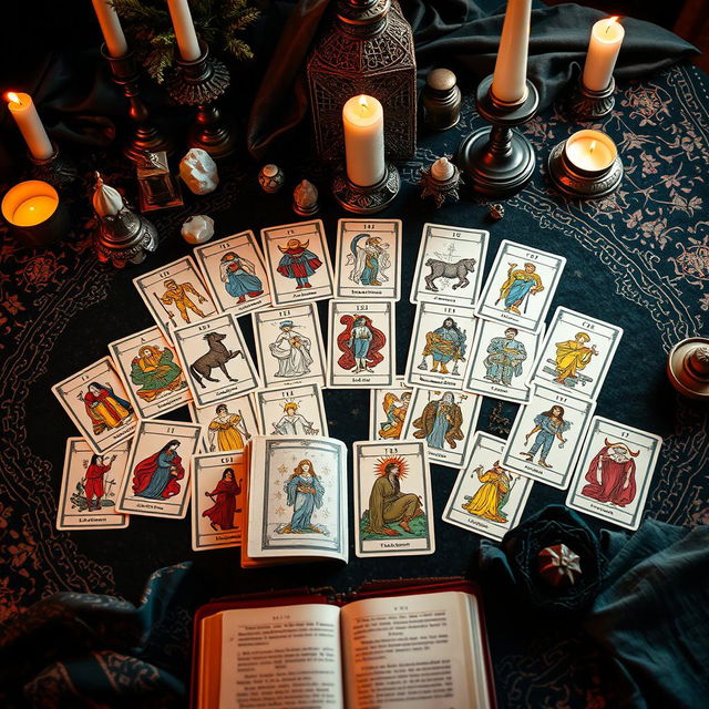 A beautifully arranged spread of tarot cards laid out on an elaborately decorated table