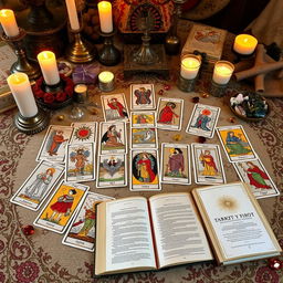 A beautifully arranged spread of tarot cards laid out on an elaborately decorated table
