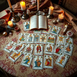 A beautifully arranged spread of tarot cards laid out on an elaborately decorated table