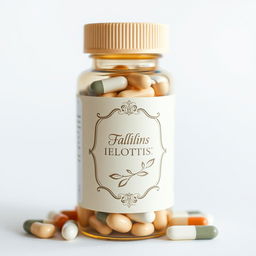 A detailed image of a cream-colored pill bottle filled with capsules