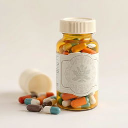A detailed image of a cream-colored pill bottle filled with capsules
