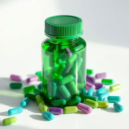 Aesthetic image of a green pill bottle filled with colorful capsules
