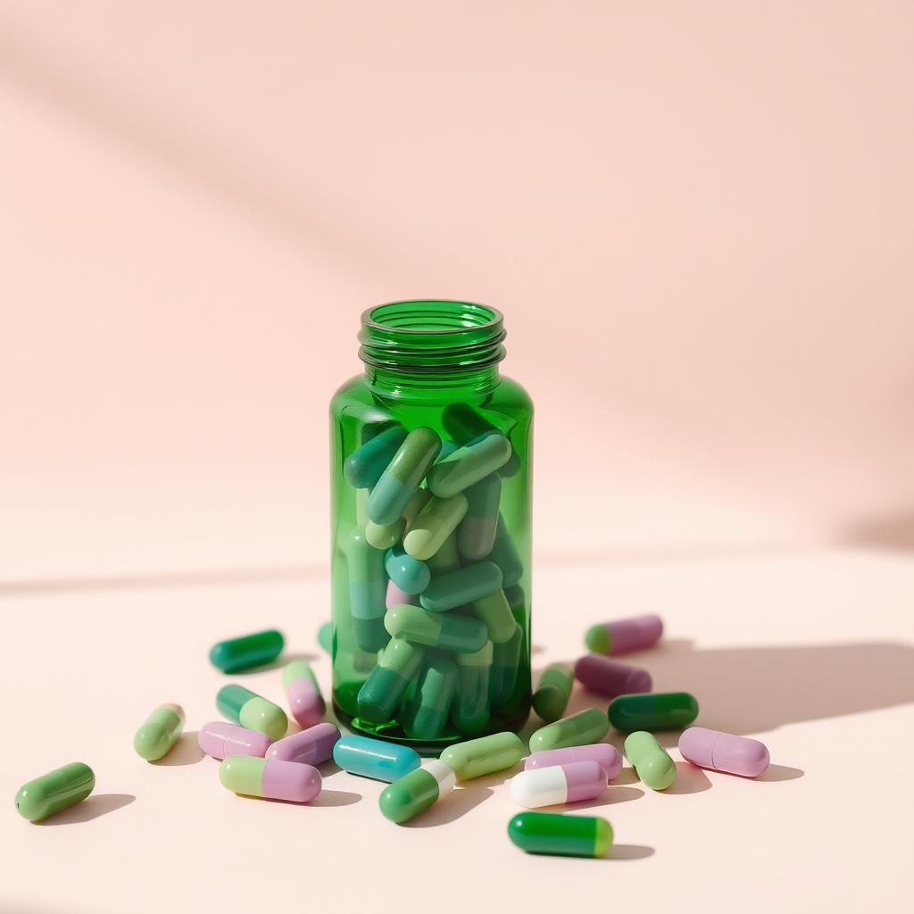 Aesthetic image of a green pill bottle filled with colorful capsules