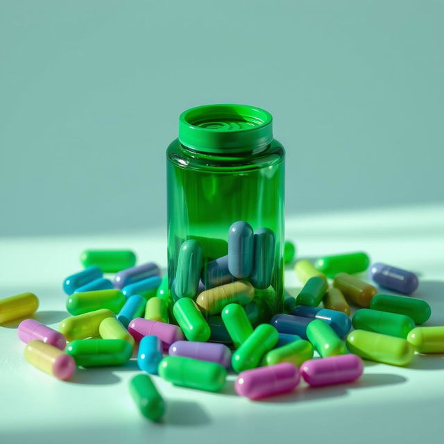 Aesthetic image of a green pill bottle filled with colorful capsules