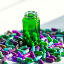 Aesthetic image of a green pill bottle filled with colorful capsules