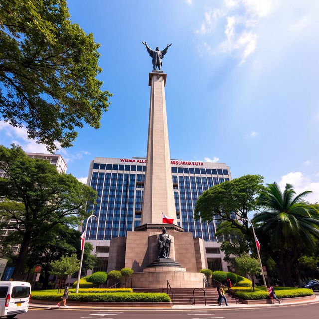 A detailed view of the Dirgantara Statue Monument, also known as the Pancoran Statue, prominently displayed in the Pancoran area of South Jakarta