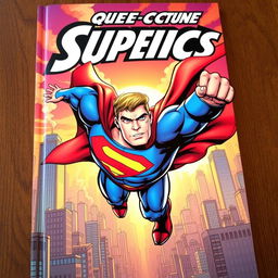A dynamic comic book cover featuring a superhero in mid-action, flying through the cityscape