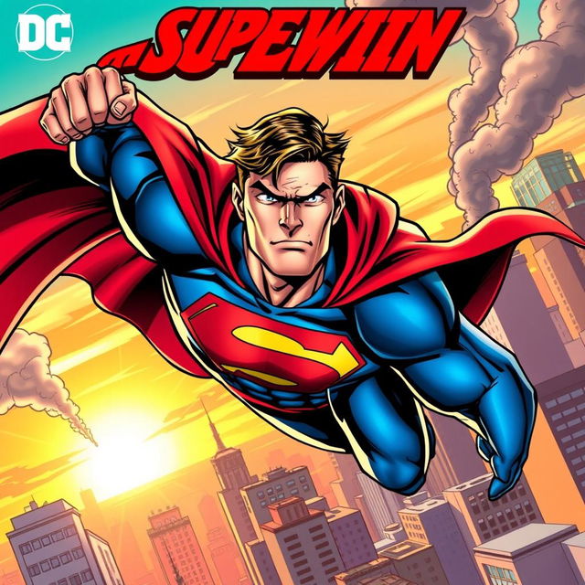 A dynamic comic book cover featuring a superhero in mid-action, flying through the cityscape