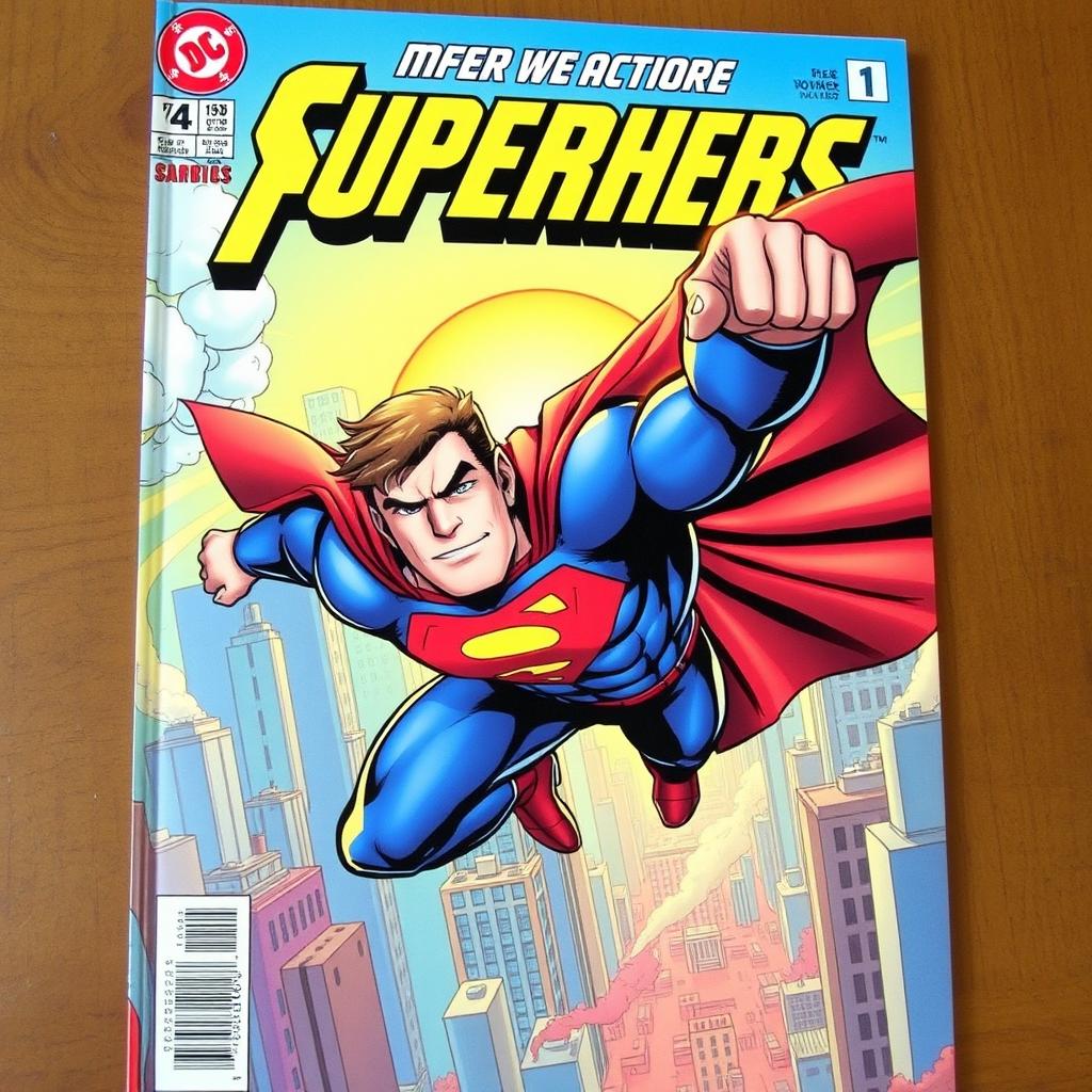 A dynamic comic book cover featuring a superhero in mid-action, flying through the cityscape