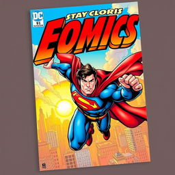 A dynamic comic book cover featuring a superhero in mid-action, flying through the cityscape