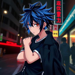 A character fusion of Rin Itoshi and Ken Kaneki, featuring Rin's striking blue hair styled in a messy, spiky fashion blending with Kaneki's signature black and white striped hair, showcasing contrasting colors and textures in a dynamic pose