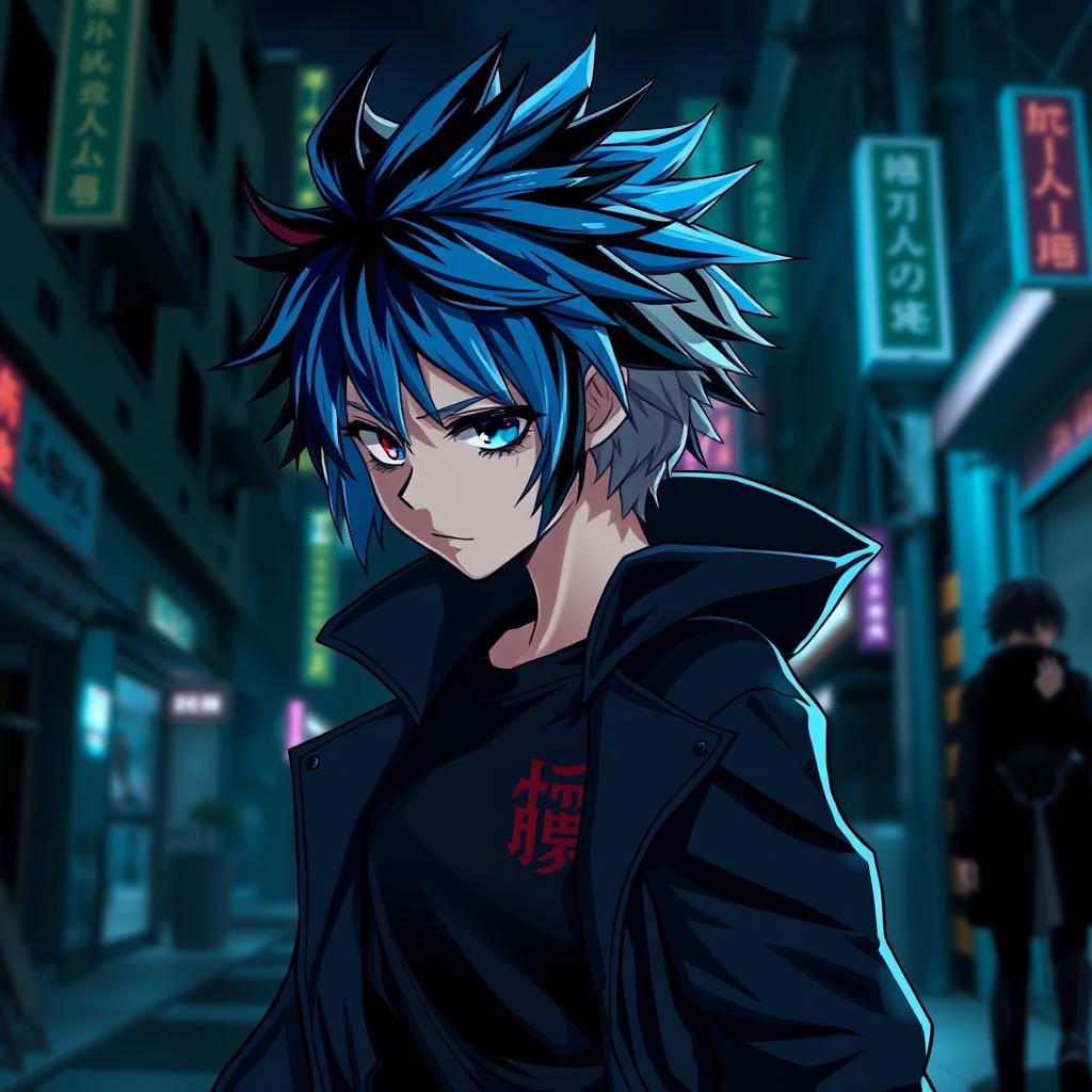 A character fusion of Rin Itoshi and Ken Kaneki, featuring Rin's striking blue hair styled in a messy, spiky fashion blending with Kaneki's signature black and white striped hair, showcasing contrasting colors and textures in a dynamic pose