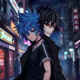 A character fusion of Rin Itoshi and Ken Kaneki, featuring Rin's striking blue hair styled in a messy, spiky fashion blending with Kaneki's signature black and white striped hair, showcasing contrasting colors and textures in a dynamic pose