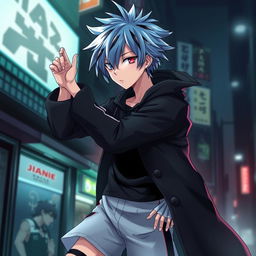 A character fusion of Rin Itoshi and Ken Kaneki, featuring Rin's striking blue hair styled in a messy, spiky fashion blending with Kaneki's signature black and white striped hair, showcasing contrasting colors and textures in a dynamic pose