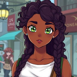 A 20-year-old girl with long, waist-length curly hair, rich brown skin, small light green eyes, full but petite lips, and a broad small nose