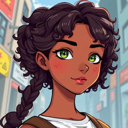 A 20-year-old girl with long, waist-length curly hair, rich brown skin, small light green eyes, full but petite lips, and a broad small nose