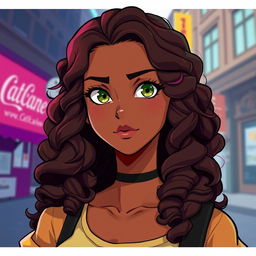 A 20-year-old girl with long, waist-length curly hair, rich brown skin, small light green eyes, full but petite lips, and a broad small nose