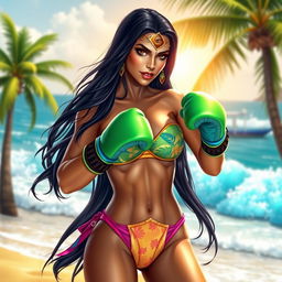 A dynamic scene featuring Princess Kitana from Mortal Kombat, with her signature long dark hair styled elegantly, wearing a vibrant and stylish bikini with a tropical pattern that complements her royal demeanor