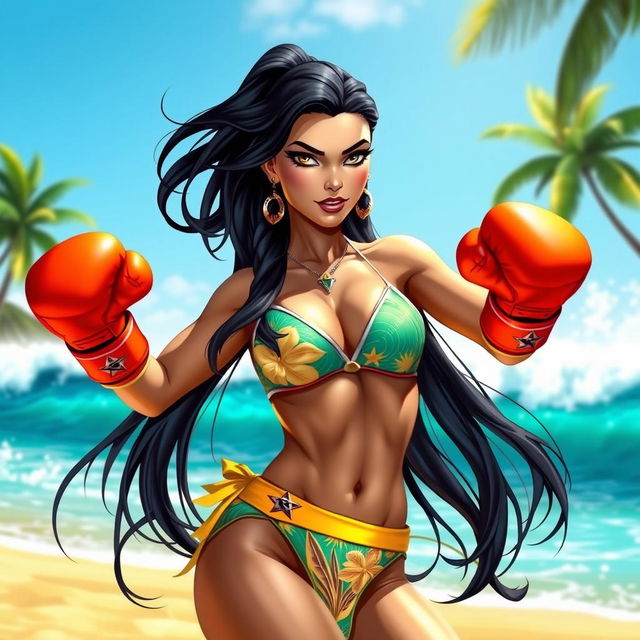 A dynamic scene featuring Princess Kitana from Mortal Kombat, with her signature long dark hair styled elegantly, wearing a vibrant and stylish bikini with a tropical pattern that complements her royal demeanor