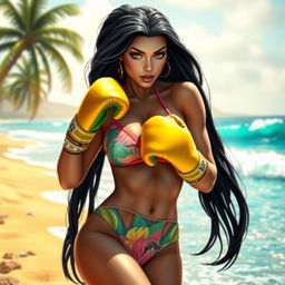 A dynamic scene featuring Princess Kitana from Mortal Kombat, with her signature long dark hair styled elegantly, wearing a vibrant and stylish bikini with a tropical pattern that complements her royal demeanor