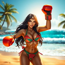 A dynamic scene featuring Princess Kitana from Mortal Kombat, with her signature long dark hair styled elegantly, wearing a vibrant and stylish bikini with a tropical pattern that complements her royal demeanor