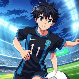 A dynamic portrait of Itoshi Rin from the sports anime 'Blue Lock', showcasing him in an intense moment on the soccer field