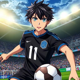 A dynamic portrait of Itoshi Rin from the sports anime 'Blue Lock', showcasing him in an intense moment on the soccer field
