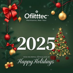 A sophisticated and elegant corporate Christmas and New Year 2025 greeting card for a company named Ofittec, which specializes in maintenance, repair, and installation of air conditioning systems