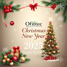 A sophisticated and elegant corporate Christmas and New Year 2025 greeting card for a company named Ofittec, which specializes in maintenance, repair, and installation of air conditioning systems