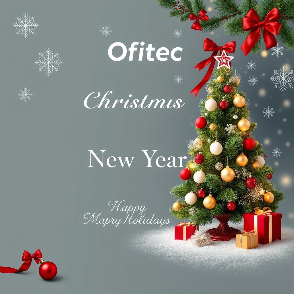 A sophisticated and elegant corporate Christmas and New Year 2025 greeting card for a company named Ofittec, which specializes in maintenance, repair, and installation of air conditioning systems