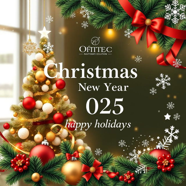 A sophisticated and elegant corporate Christmas and New Year 2025 greeting card for a company named Ofittec, which specializes in maintenance, repair, and installation of air conditioning systems