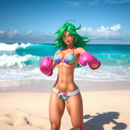 A muscular princess named Jade, wearing a colorful bikini, standing on a sandy beach ready for a boxing match