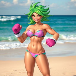 A muscular princess named Jade, wearing a colorful bikini, standing on a sandy beach ready for a boxing match