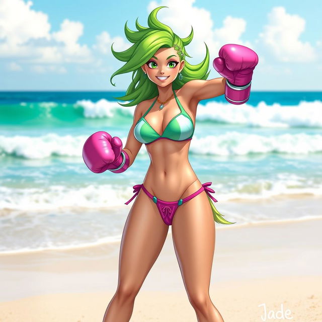 A muscular princess named Jade, wearing a colorful bikini, standing on a sandy beach ready for a boxing match