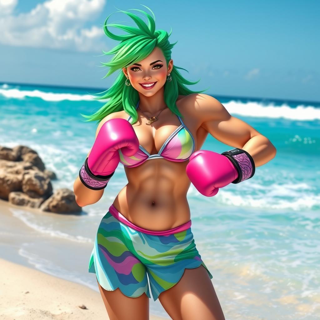 A muscular princess named Jade, wearing a colorful bikini, standing on a sandy beach ready for a boxing match