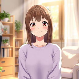 A beautiful anime girl with brown hair and brown eyes, wearing a light purple sweater