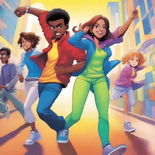 A high-quality, vividly colored book cover featuring the main character or characters in an engaging, dynamic pose that showcases their personalities