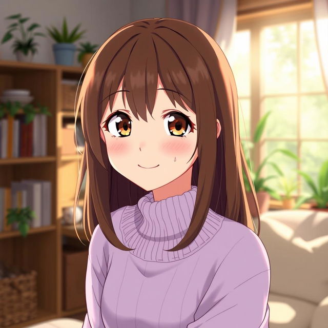 A beautiful anime girl with brown hair and brown eyes, wearing a light purple sweater