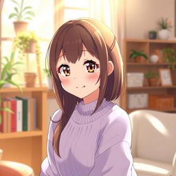A beautiful anime girl with brown hair and brown eyes, wearing a light purple sweater