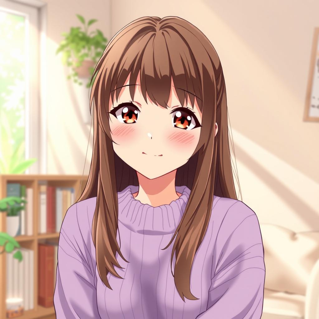 A beautiful anime girl with brown hair and brown eyes, wearing a light purple sweater